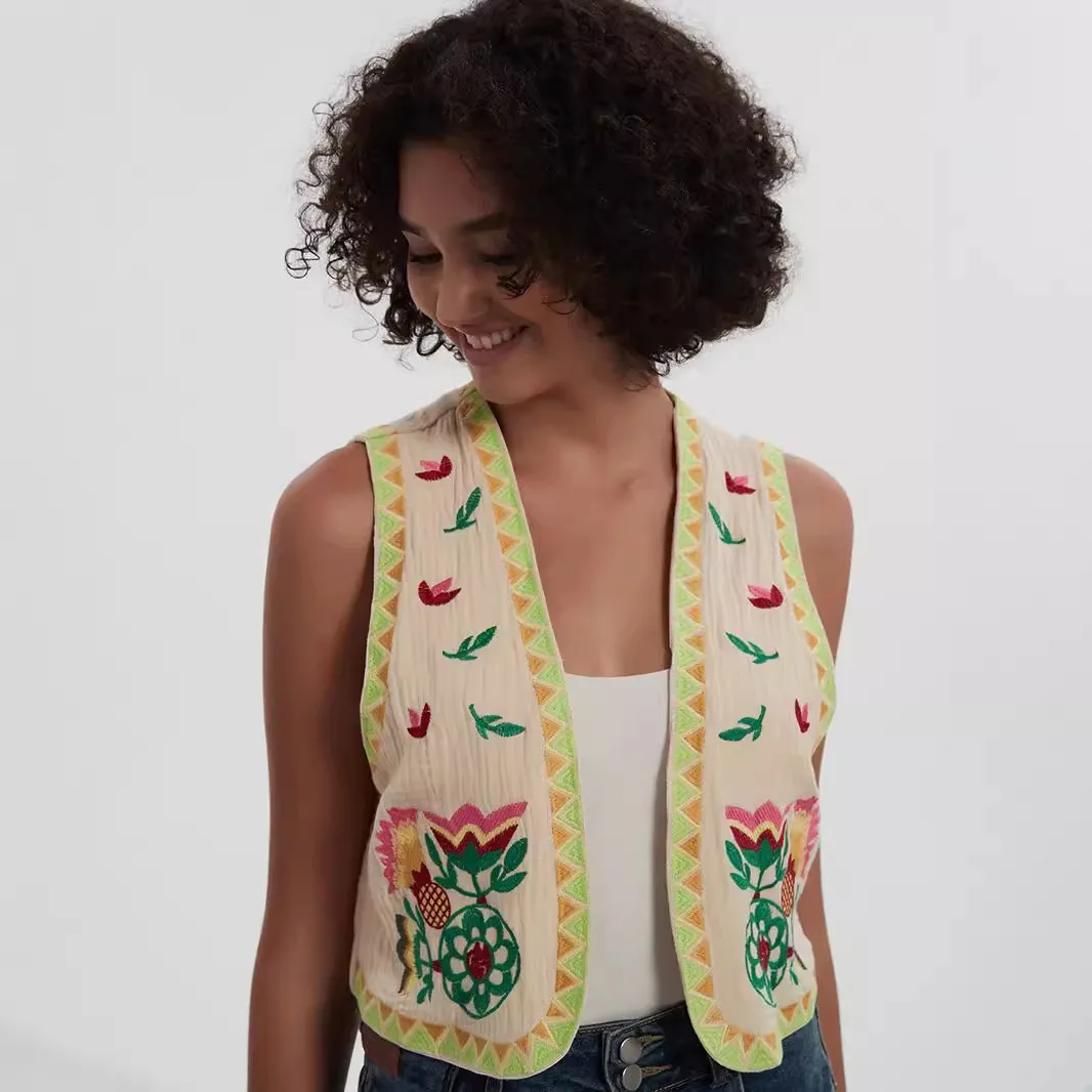 Women Vintage Flower Embroidered Vest Autumn Sleeveless Boho Beach Vests Streetwear Top