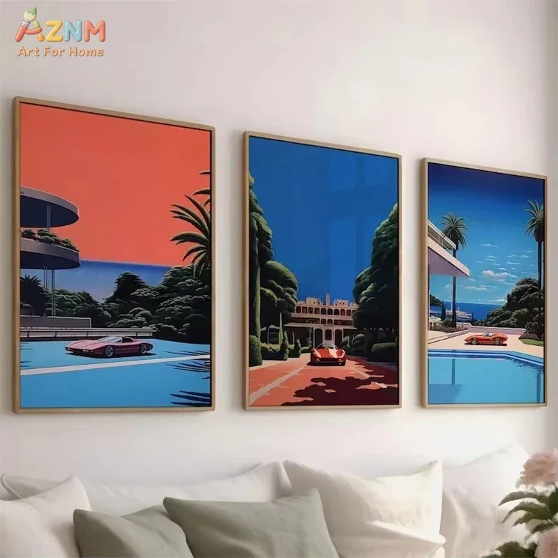 AZNM Retro City Palm Canvas Wall Art 80s Vaporwave Vintage Car Beach Tennis Court Colorful Pop Art Unframed Decor Poster