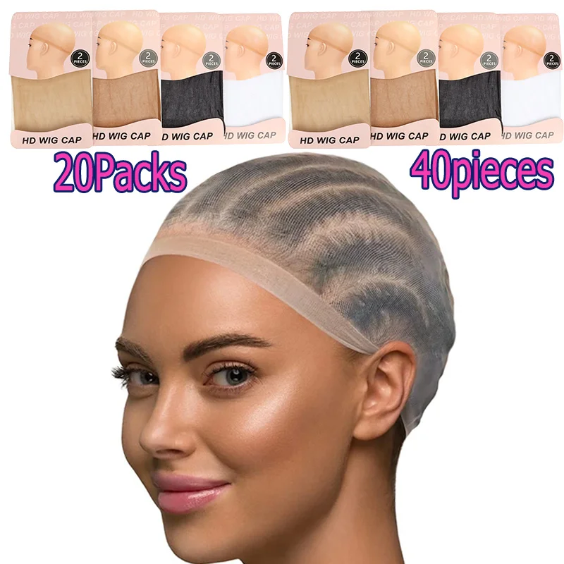 HD Wig Cap 20Packs 40Pieces Wholesale Transparent Stocking Wig Caps For Women Invisible Thin Nylon Weave Cap For Lace Front Wig