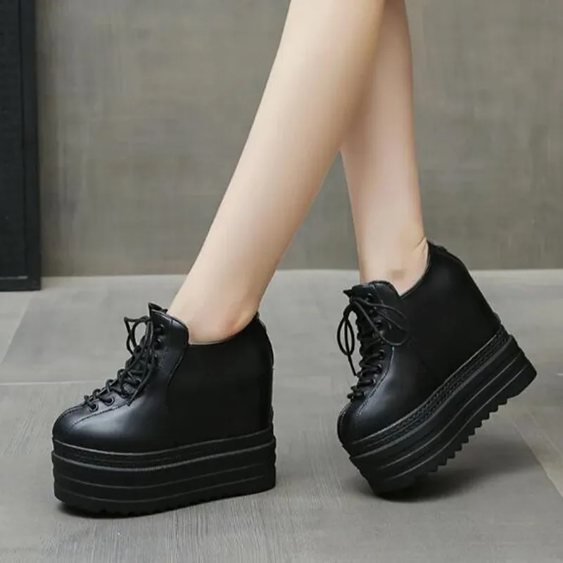 جديد فاسق نمط أسافين حذاء بوت بطول الكاحل الأسود المطاط وحيد أحذية النساء جلد الخريف مثير سيدة الارتفاع زيادة منصة الكعوب حذاء رياضة