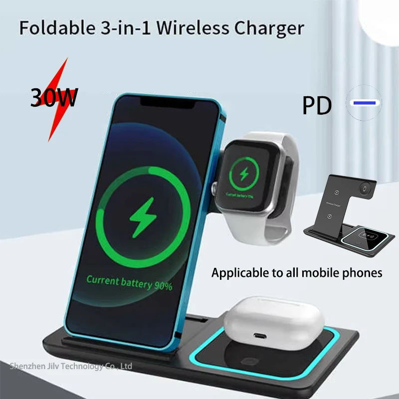 3in1 شاحن مغناطيسي سريع لاسلكي قابل للطي شحن سريع LED حامل إضاءة لسماعات ساعة اليد للهاتف الخليوي - جديد