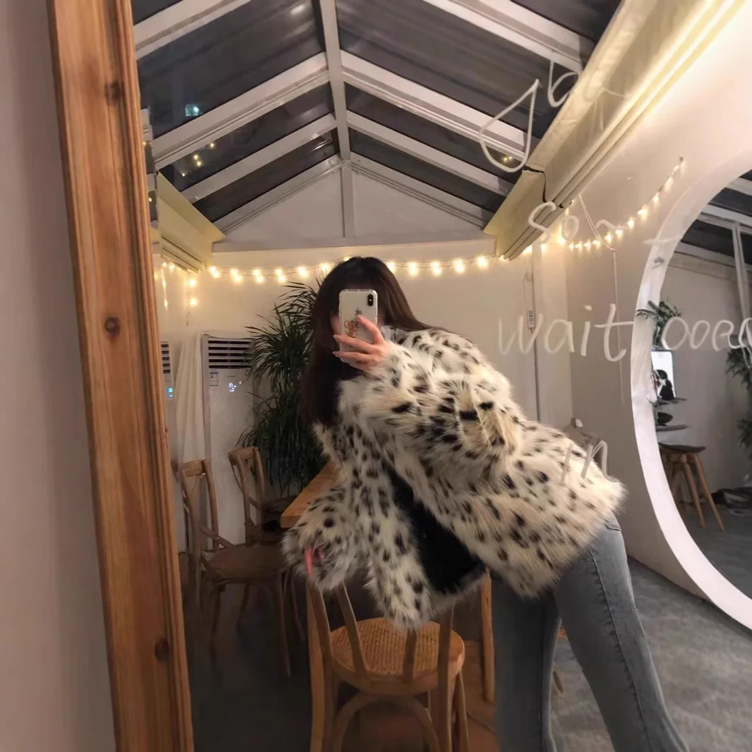 Chic Winter Women Mink Fur Jacket Leopard Print Furry Collar Artificial Fur Outwear For Lady Slouchy Long Hair Female Fur Coat