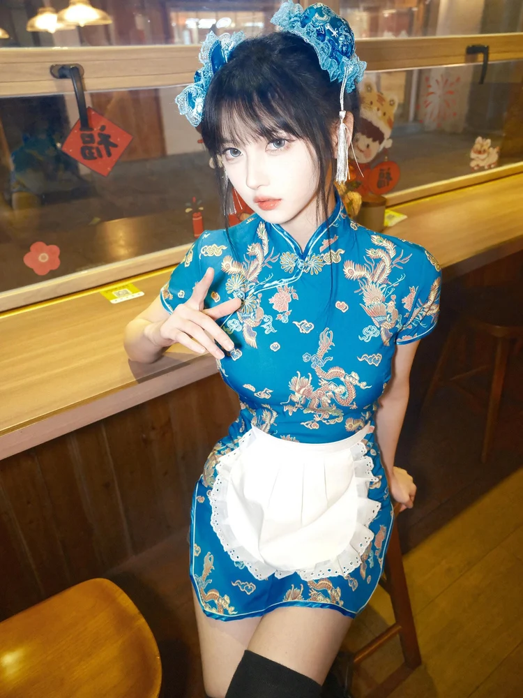 فستان تشيونغسام صيني، زي تنكري للهالوين وعيد الميلاد، زي خادمة ناعم للفتيات، زي يومي بأكمام قصيرة من مواد أخرى #2