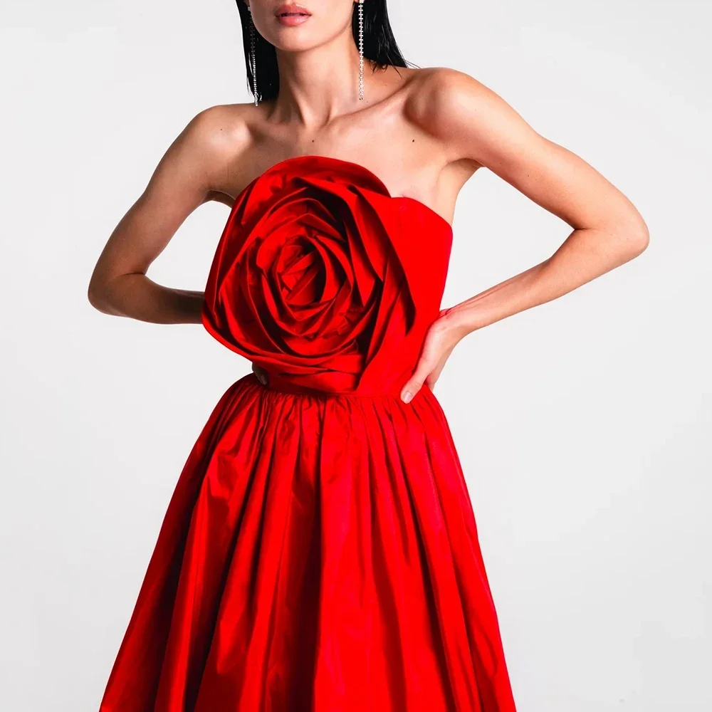 2024 New Women's Red Luxury Strapless 3D Rose A Long Wedding Bridesmaid Dress Elegant Celebrity Party Evening Dress