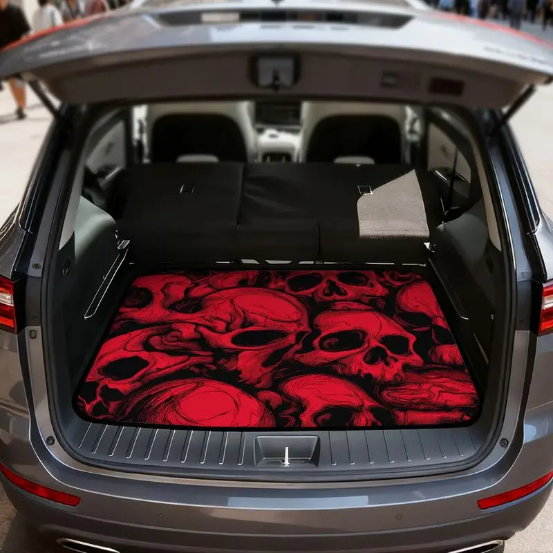 VIKAMA Kofferraummatte Rotes Totenkopf-Gothic-Muster Wasserdicht Rutschfest Universeller SUV-Kofferraumschutz Auto-Zubehör