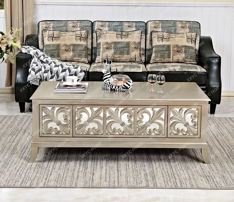 Household living room coffee table small apartment solid wood carving flower square tea table
