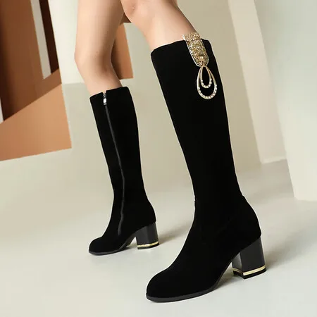 

Осенне-зимние сапоги до колена, женские черные, красные высокие сапоги из флока, роскошная Повседневная модная Длинная женская обувь на низком каблуке