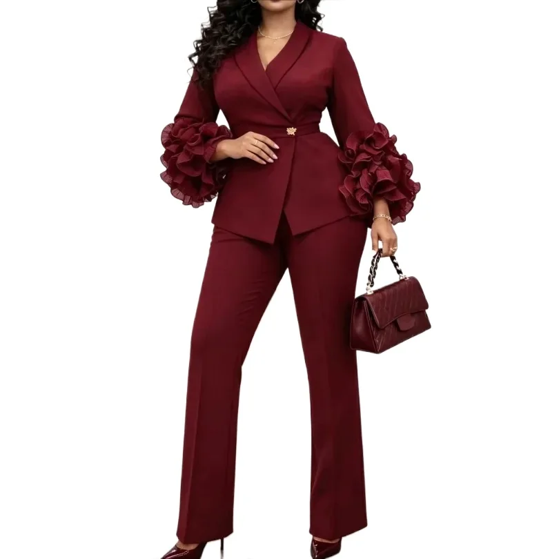 Matching Set Blazer Long Sleeve Suit Jacket Lace Trim Pants 2 Piece Set Women Spring Summer Suits