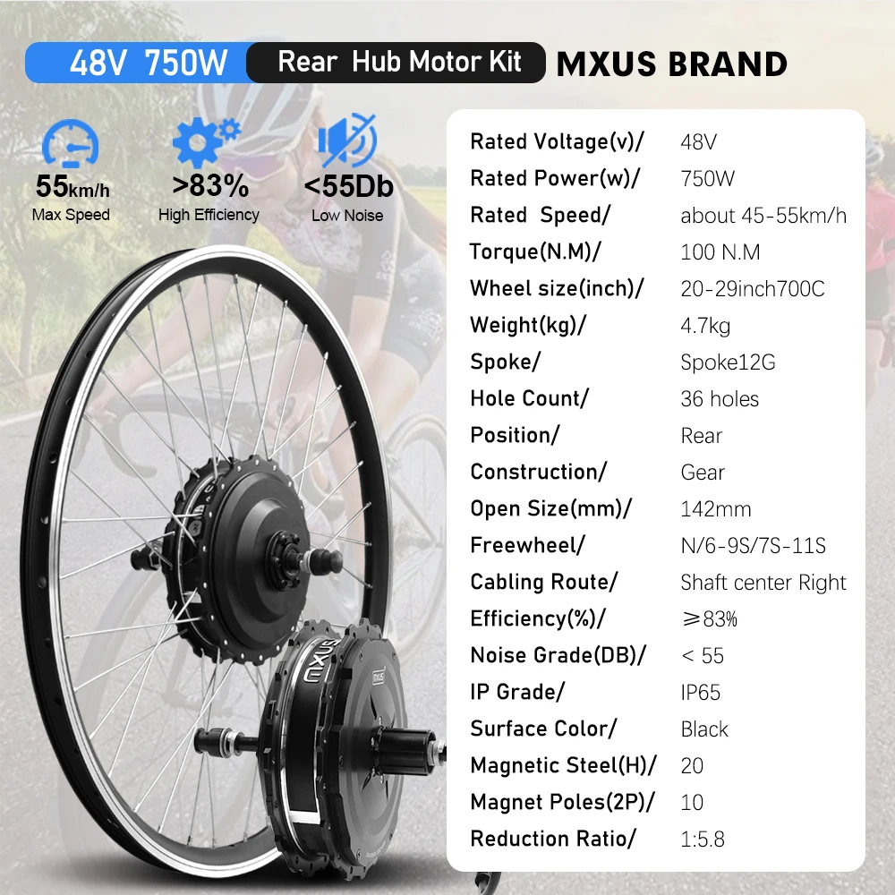 MXUS Brand Electric Bicycle Conversion Kit 48V 750W ebike Brushless Rear Hub Motor Wheel 20-29Inch 700C For Ebike Conversion Kit