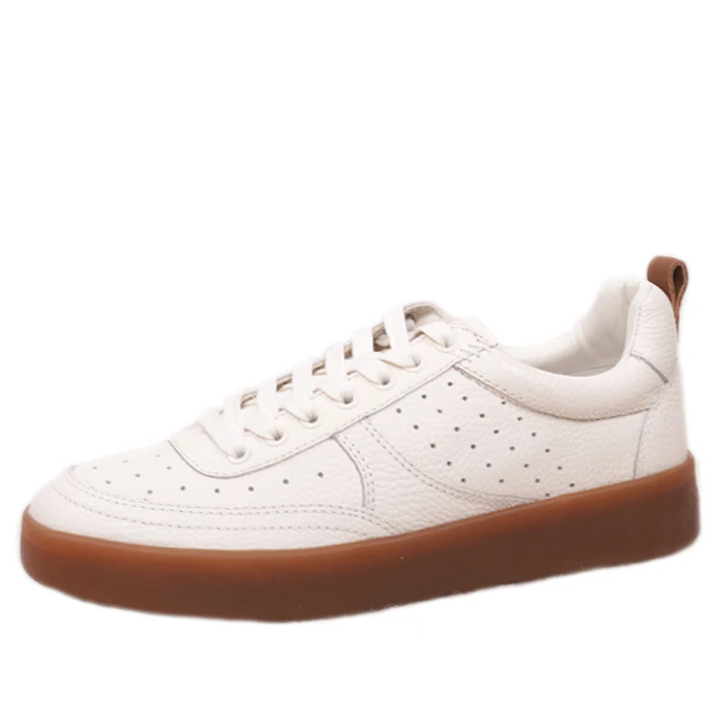 Women's Shoes High Quality Cow Leather Flat Sneaker Casual Shoes Comfortable Round-toe Lace-up White Sneakers Board Shoe