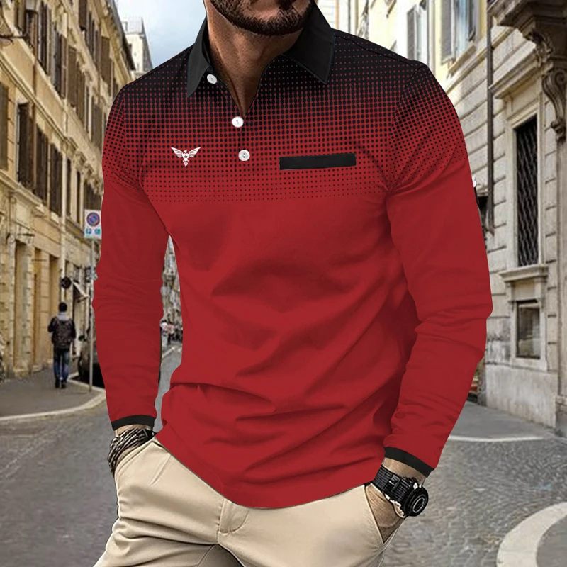 New Spring Autumn 3D Digital Print Sport Long Sleeve Polo Shirt Men Business Casual Golf Polo Shirt Fake Pocket Stitching