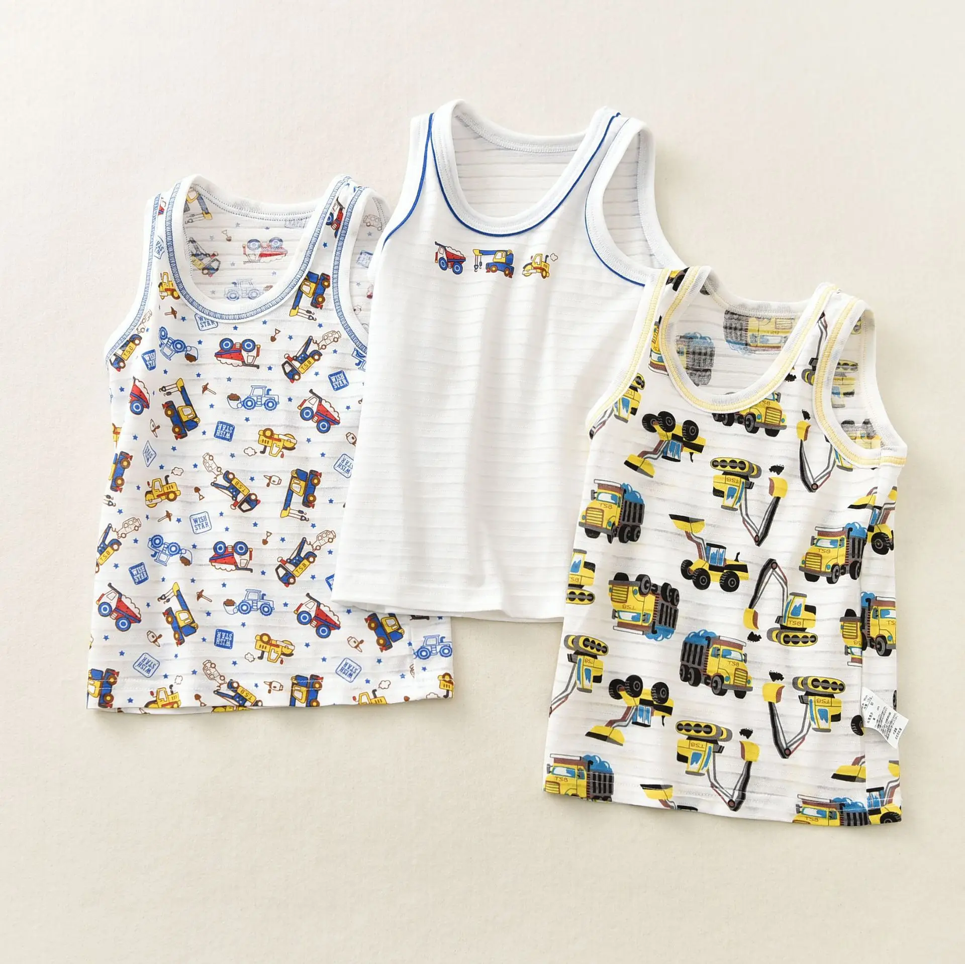 Boys' Sleeveless Summer Tops, Crew Neck Tank T-Shirts with Car and Dinosaur Prints, Pack of 3