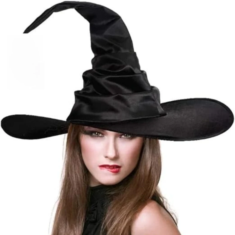 Halloween Schwarzer großer gerüschter Hexenhut für Damen Herren Zaubererhut Spitze Kappe Cosplay Kostümzubehör