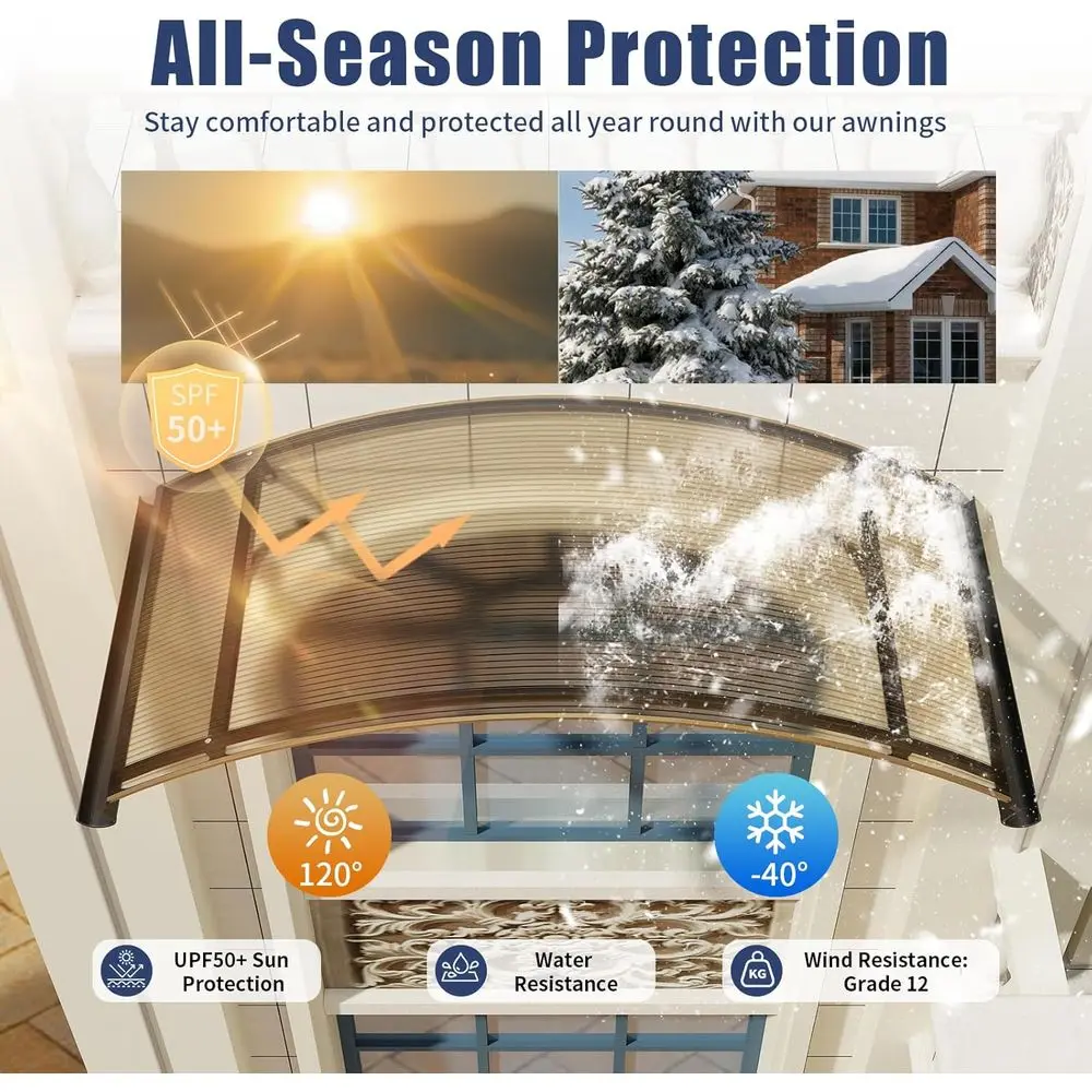 36 x 56 Round Arch Door Awning with Brackets and Polyethylene Cover for UV, Rain Protection for Windows, Porches, Patios, and De
