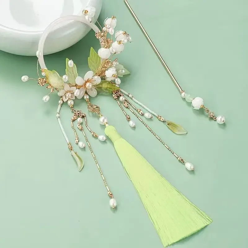 Women's Purple Green Flowers With Tassel Hair Bundle Hairstick Headdress