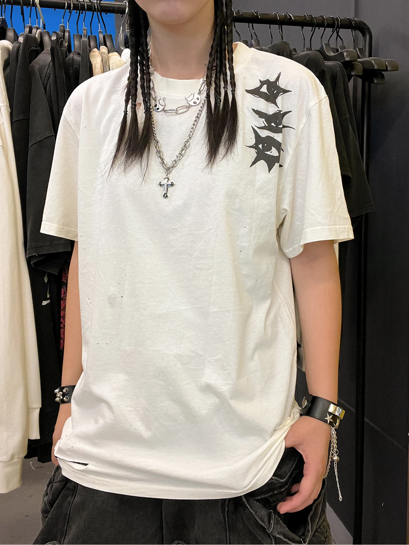 Alternative Design Short Sleeve T-Shirt Virtual Aesthetic Three Eyes Hole 180G Cotton Breathable Summer Youth Fashion T-Shirt
