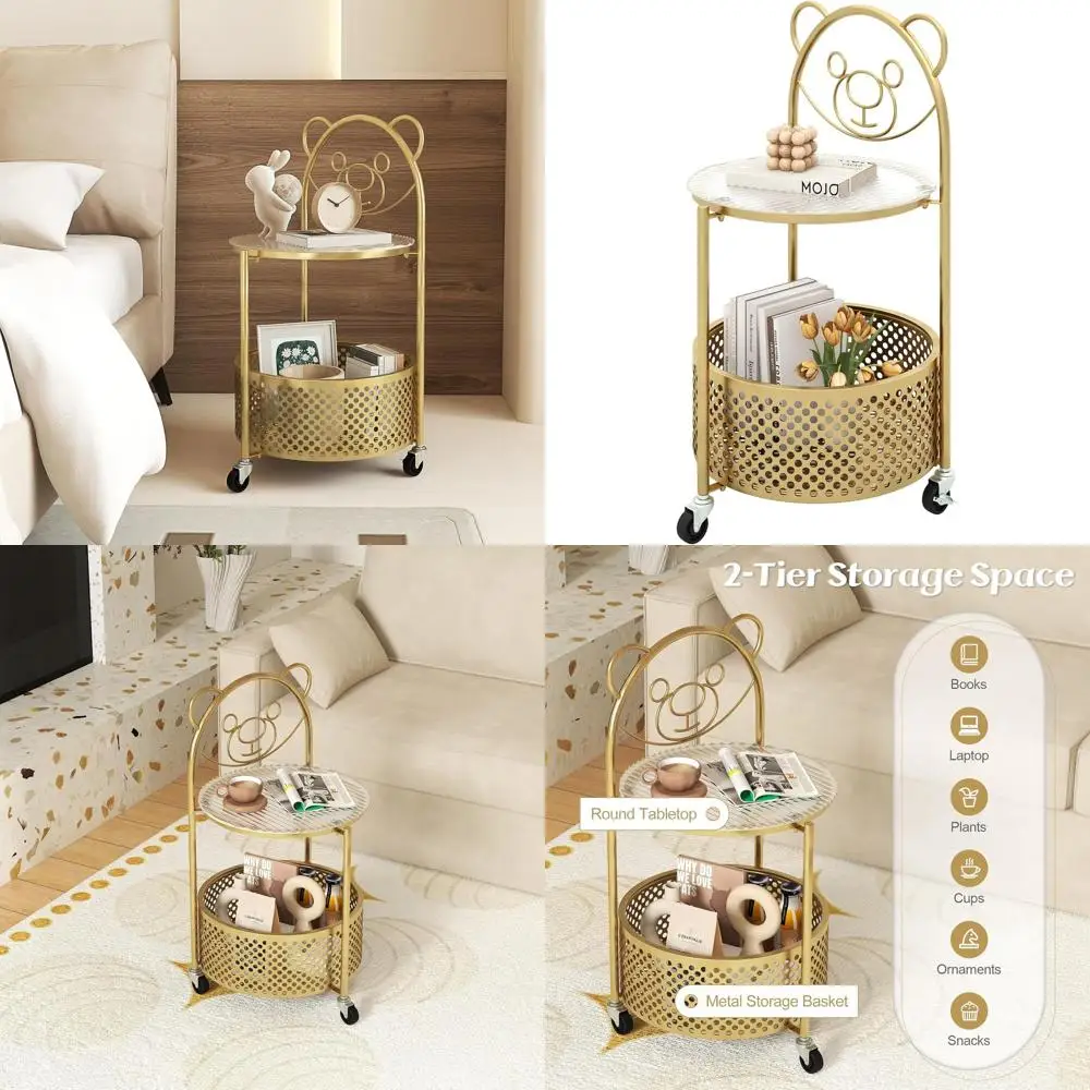 

2-Tier Round Metal End Table with Bear Design, Storage Basket, Lockable Wheels, Suitable for Living Room or Bedroom