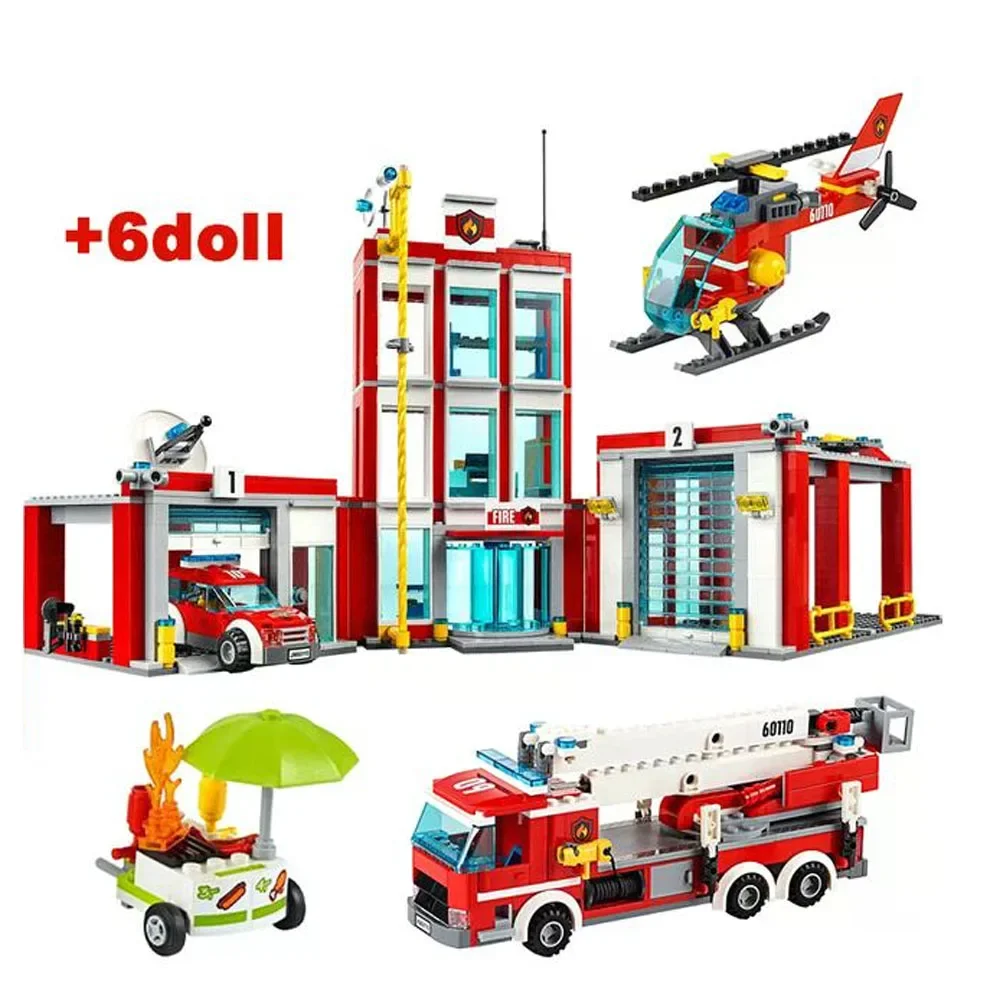 

Compatible Sets City Series fire ladder helicopter truck garage fire station building block toy creative model Kids Gifts 60110