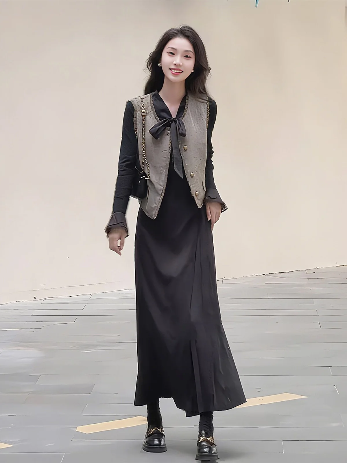 

Ele Autumnal Women's Faion Set with Bow-Tied irt Vest High Waist Wide Leg Pants Tee-Piece Suite High-Quali Feel