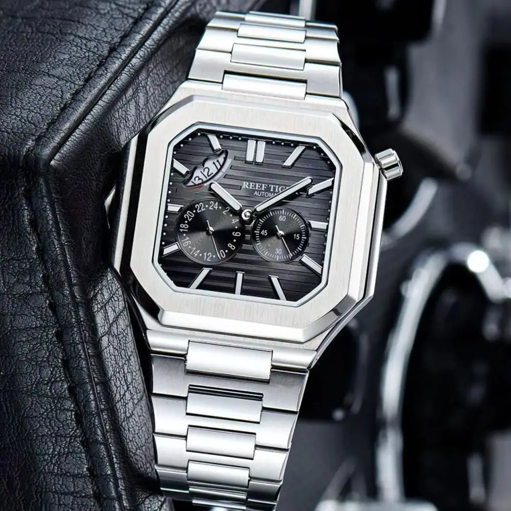 Reef Tiger Men Automatic Watch 44mm Square Mechanical Wristwatch Sapphire Mirror Luminous Waterproof Power Reserve Date 24 Hours
