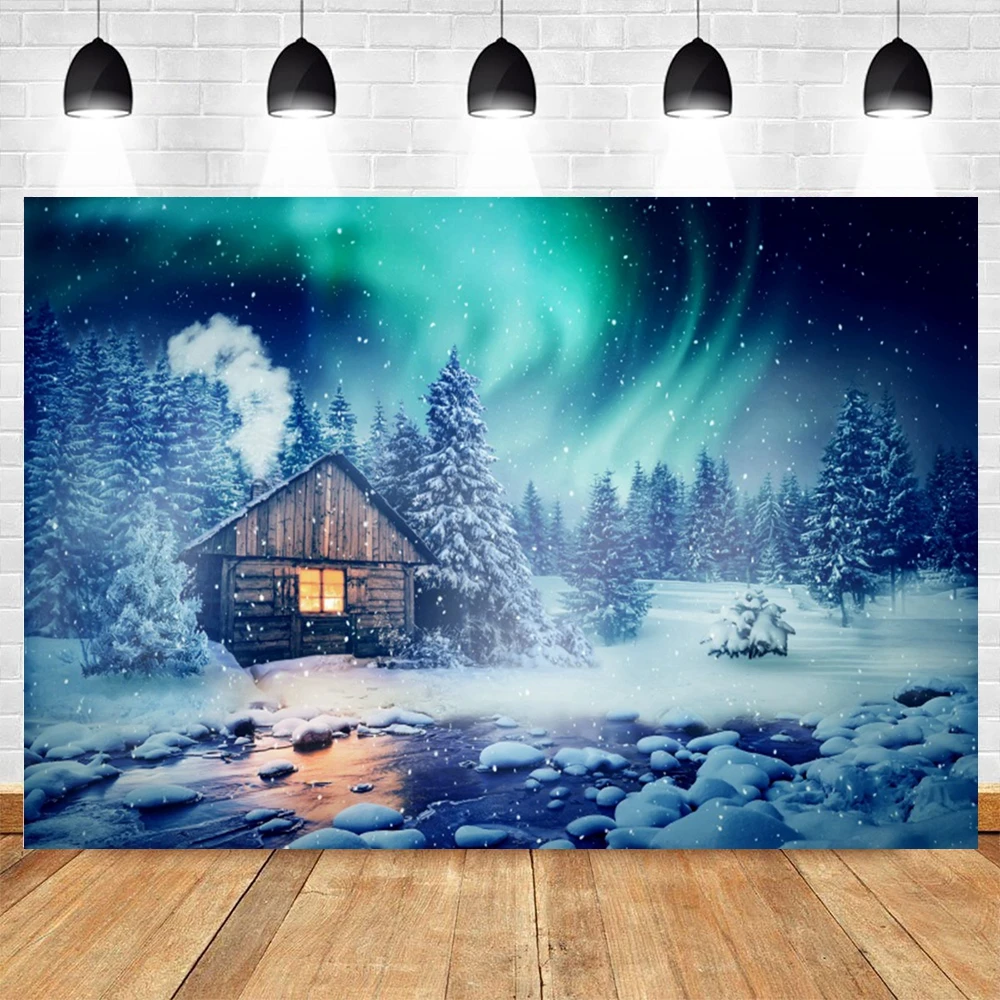 Winter Night Aurora Photography Backdrop Christmas Snowman Country House Natural Landscape Photographic Background Photo Studio