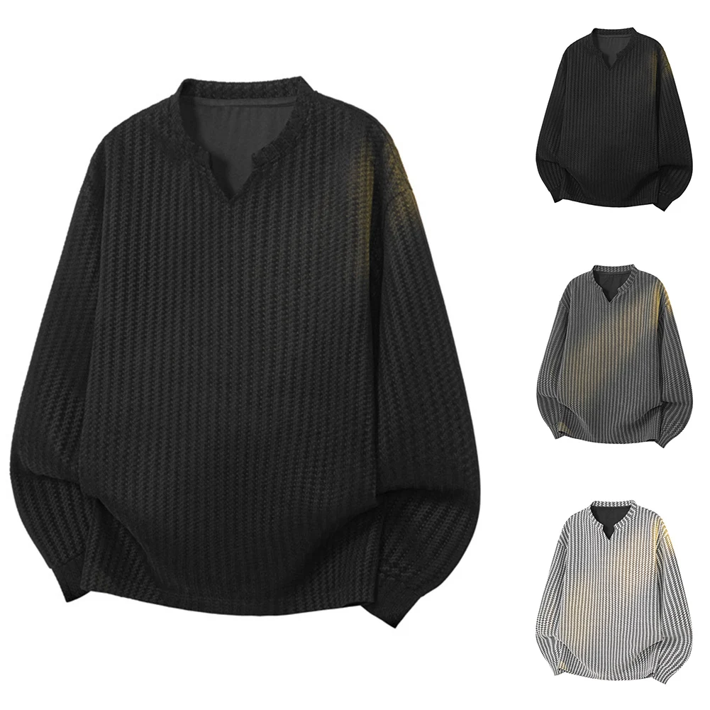 Camiseta Casual de Manga Longa para Homens com Padrão de Espinha de Peixe e Decote em V para Uso Diário em Estações Leves