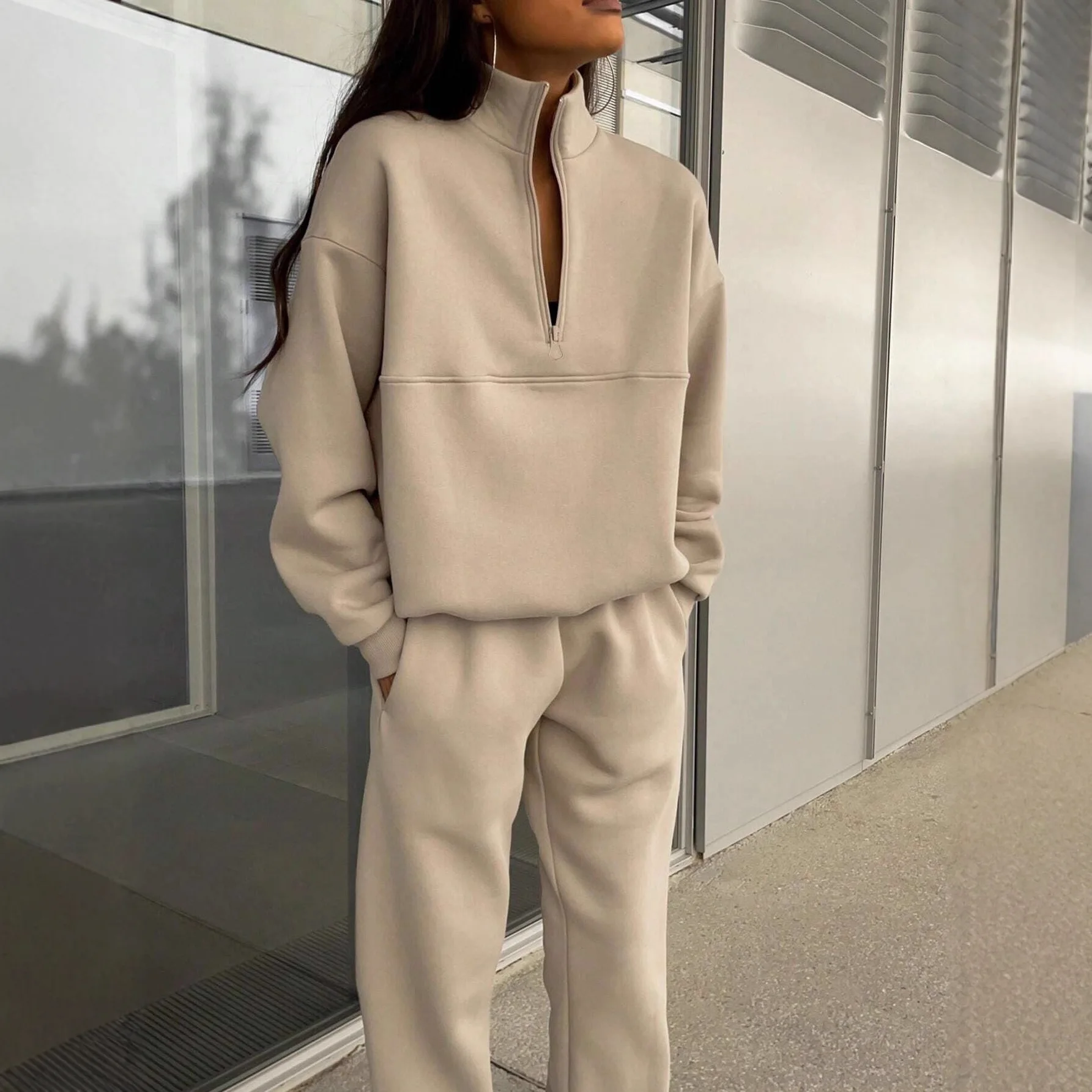 Survêtement pour femmes, mode automne, demi-fermeture éclair, col montant, sweat-shirt à capuche, deux pièces, vêtements de sport décontractés, ensembles pantalons longs