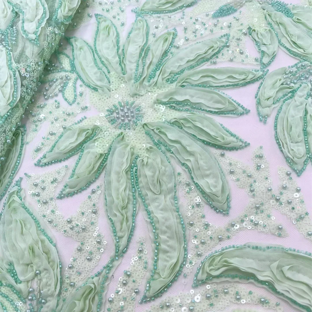 

Light Green African Lace Fabric Ruffled Floral Embroidery Beads Sequins Soft Tulle Mesh Lace Material For Wedding Dress Sewing