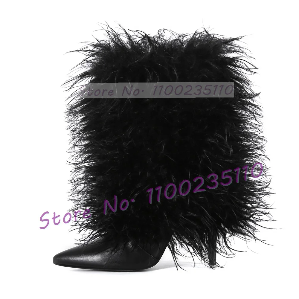 

Черные ботильоны на высоком каблуке с пушистым мехом, женские модные меховые туфли с острым носком, женские элегантные зимние зимние ботинки из матовой кожи