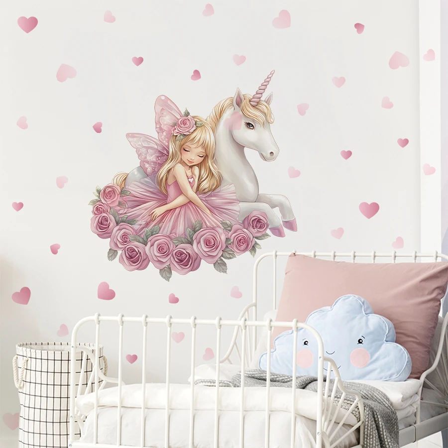 

Cute Girl Unicorn Wall Stickers Pink Heart For Children's Room Kids Bedroom Baby Room Decor Wallpaper Removable Home Decoration