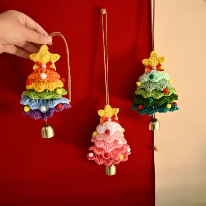 New Knitted Christmas Tree With Jingle Bell Plush Christmas Hanging Charm Wool Crochet Christmas Tree For Christmas Party Decor