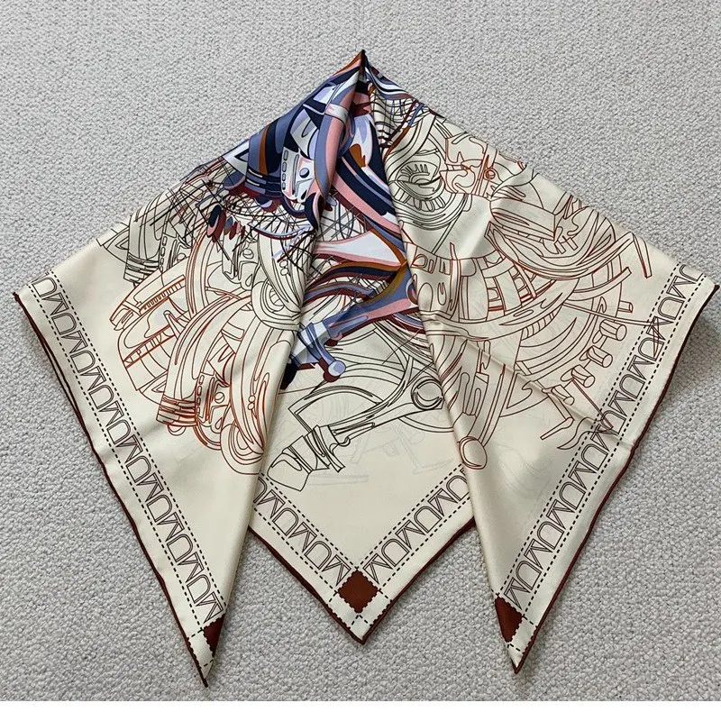 18mm 100% Silk Scarf Shawl Luxury 90 Silk Scarves Wraps Neckerchief Khaki Print Womens Fashion Head Scarves Hijab