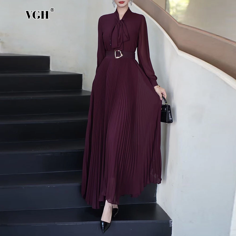 Robe longue plissée transparente VGH Purplered pour invitées de mariage, avec nœuds décoratifs au col, effet amincissant, idéale pour dîners de luxe