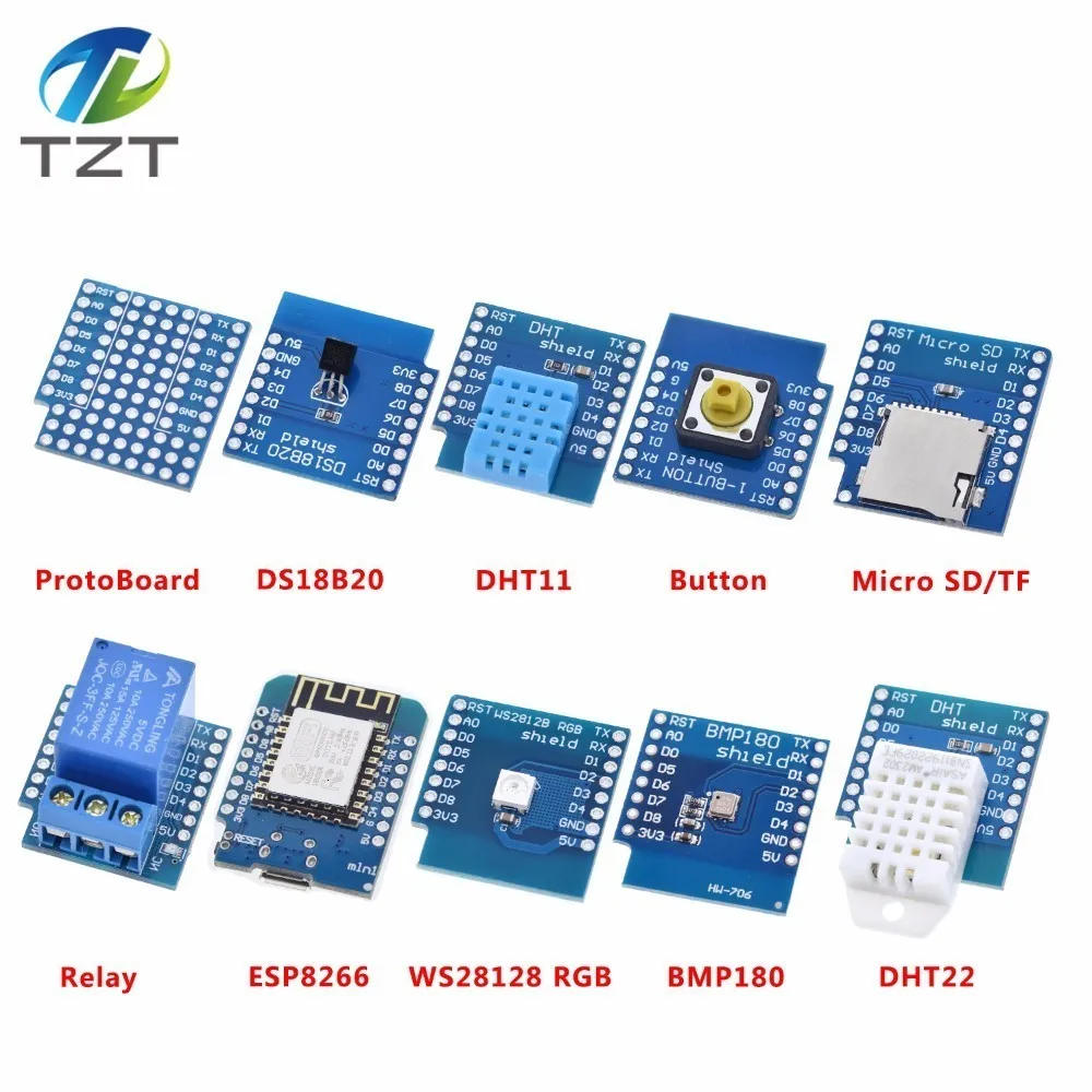 TZT Esp8266 D1 Mini Pro Wifi Development Board Nodeu Ws2812 Rgb Dht11 Dht22 Am2302 Relay Ds18b20 Bmp180 Motor For Wemos Diy Kit