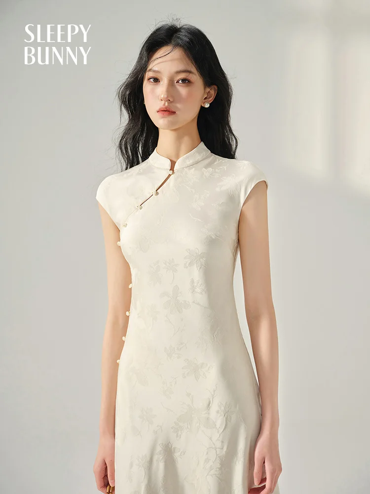 

Elegant Jacquard Cheongsam Dress for Women Summer Slim Fit Mandarin Collar Qipao Style Midi Dress Vintage Chinese Style Outfit