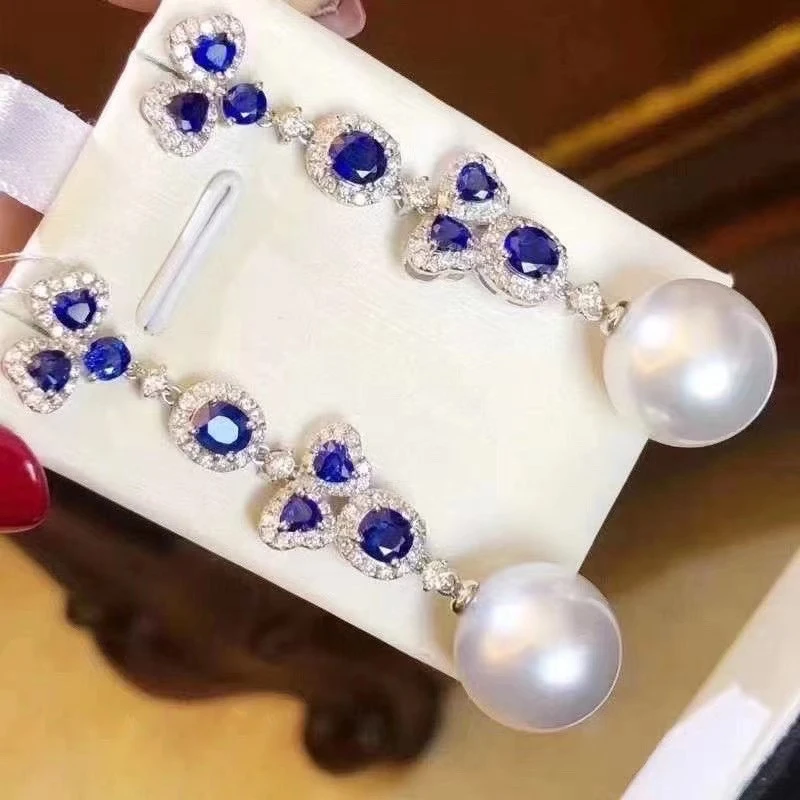 MeiBaPJ 10-11mm Natural White Rice Pearls Blue Stones Long  Drop Earrings 925 Silver Empty Tray Fine Wedding Jewelry for Women