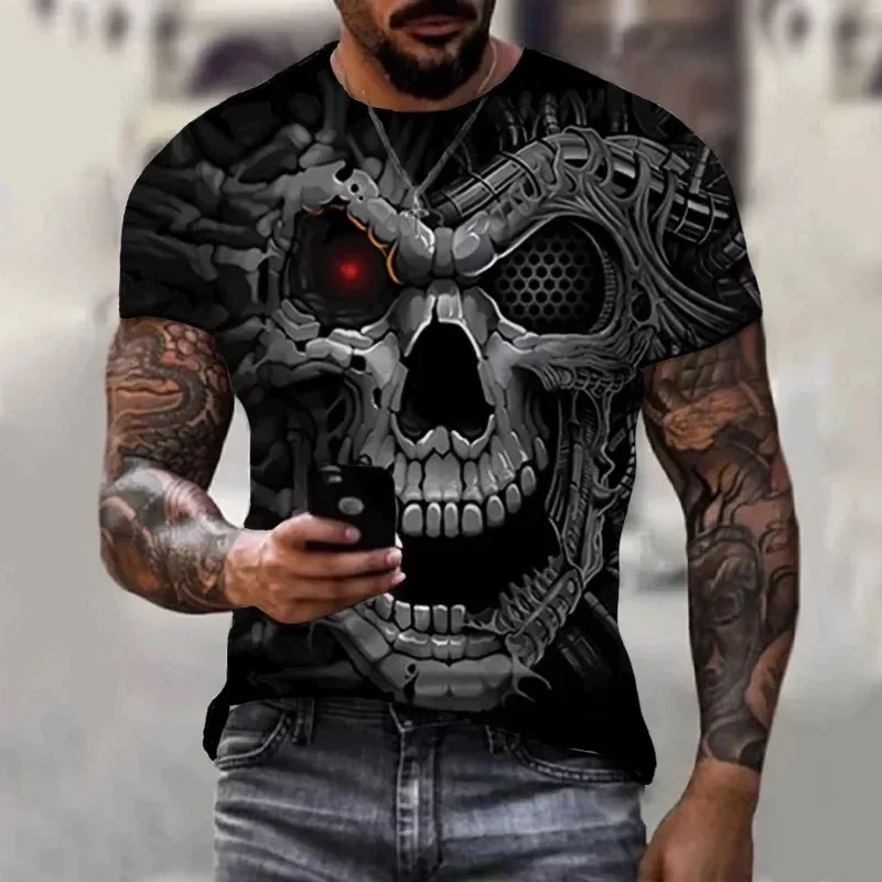 New Men\'s Skull 3D Printed Short Sleeved T-shirt Retro Casual Fashionable Shirt Summer Streetwear Oversized Tops Tee Clothing