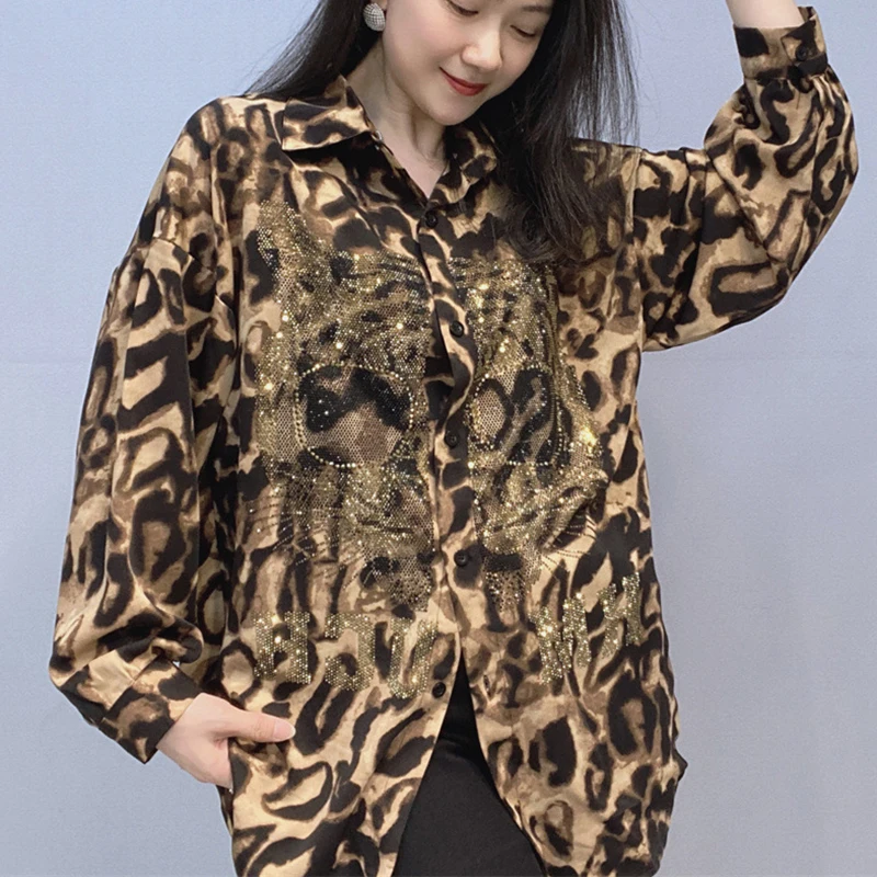 

Рубашки с леопардовым принтом, женские винтажные рубашки с длинными рукавами и бриллиантами, свободная уличная одежда, длинные рубашки, женские тонкие шифоновые женские топы и блузки