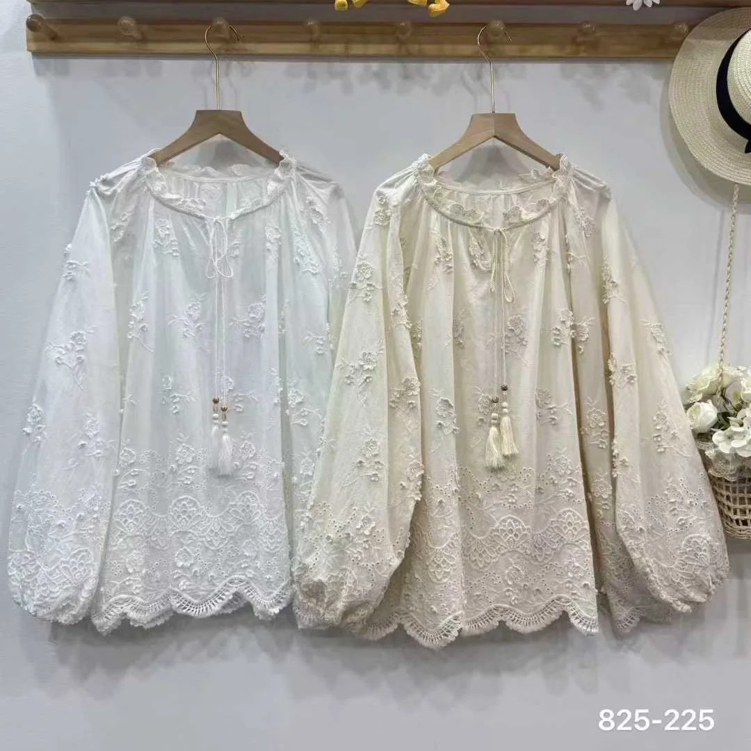 

Женские винтажные хлопковые рубашки с вышивкой Mori Girl, осенние новые повседневные свободные блузки на шнуровке с круглым вырезом и длинными рукавами