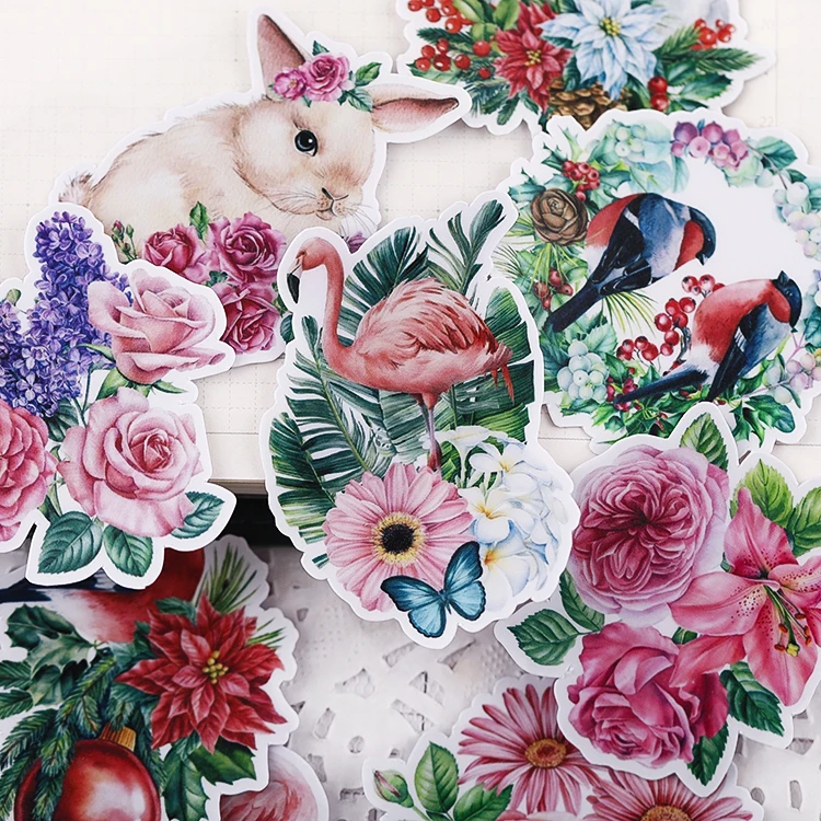 Stickers 20PCS Flowers And Animals Hand Account Stickers Cute Cartoon Animals Decorative Material Mobile Phone Tools