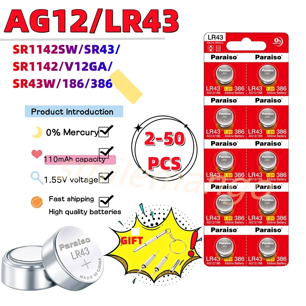 Pilas de botón de alta capacidad, pilas de botón de 1,55 V, AG12, LR43, SR43, 186, 386, LR1142, V12GA, SR43W, SR1142