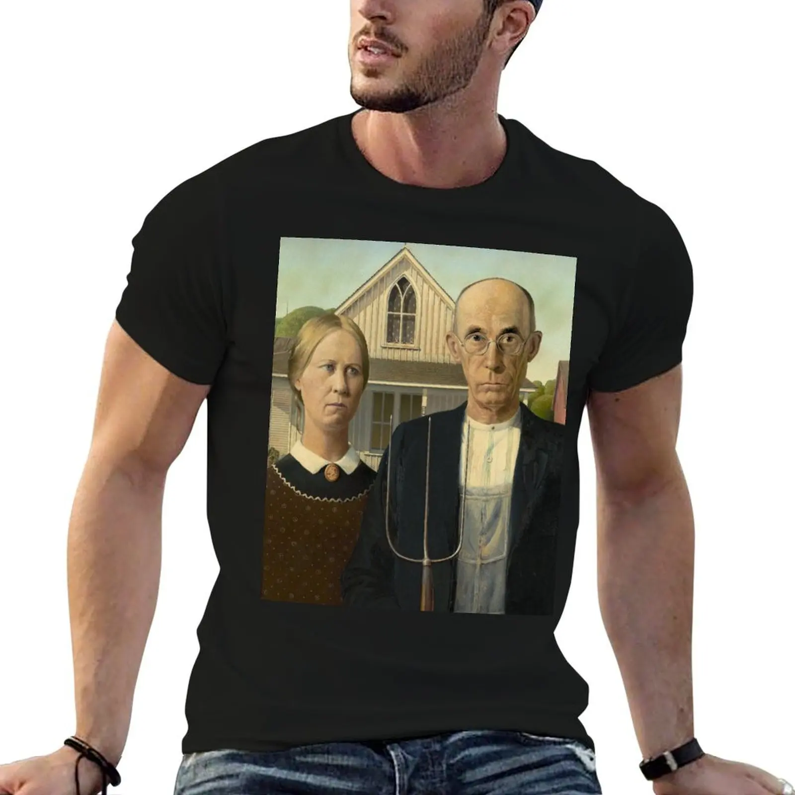 

American Gothic T-Shirt blue archive Short sleeve tee customs T-shirts oversize mens t shirt graphic