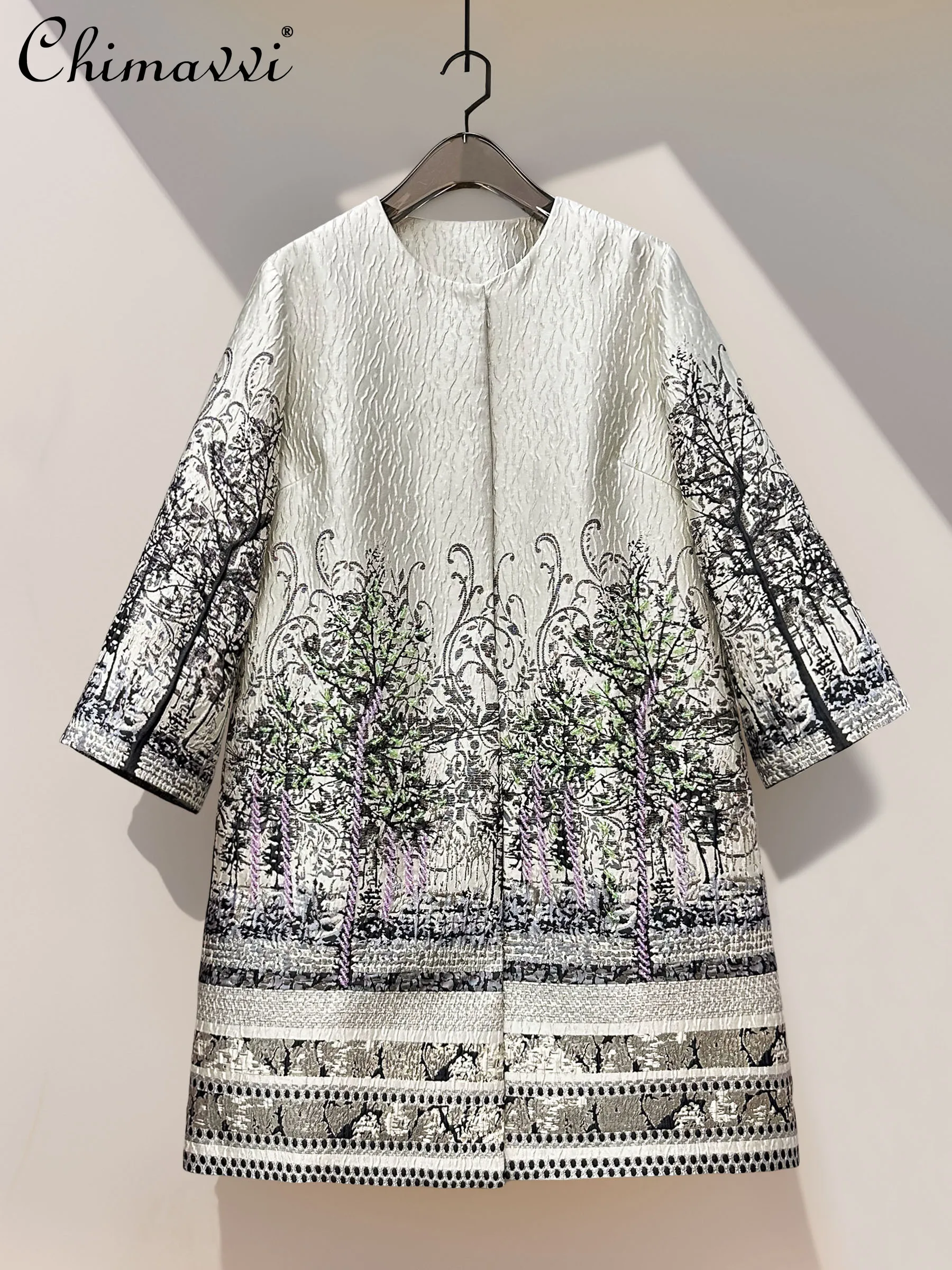 

Autumn New Heavy Jacquard Gold Stamping Embroidery Jacket Heavy Beading Round Neck Loose Casual Retro Trench Coat Women's Jacket