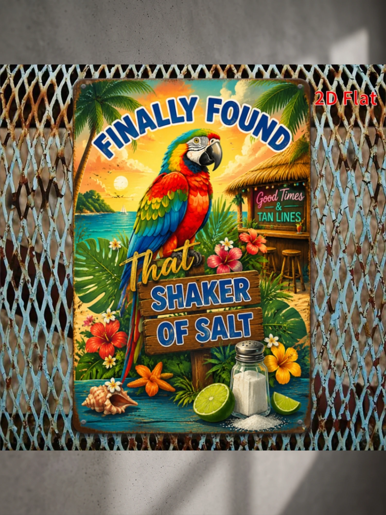 2D Flat, Decorative Sign 2D Flat, [2Dflat], 1pc 11.81x7.87inch- Jimmy Buffett Shaker Of Salt Tin Sign, Tropical Parrot Decorative Signs, Beach Bar Metal Wall Art for Tiki Bar Patio, Home Room Decoration, 2D Flat