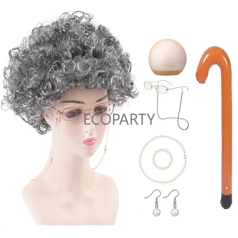 Costume de cosplay de cheveux bouclés pour femmes, perruque grise de grand-mère d'âge moyen, ensemble de pièces de lecture, accessoires de vacances d'Halloween, vieille dame, grand-père