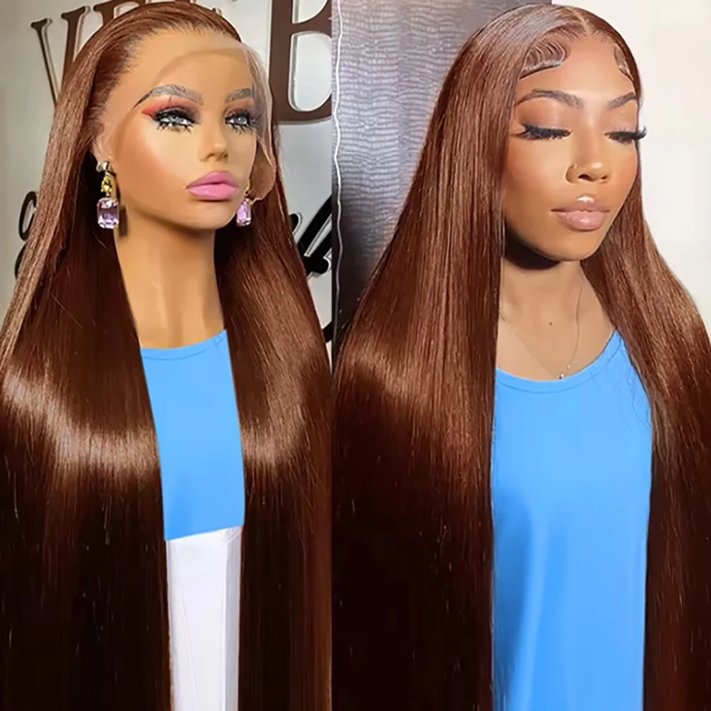 #4 Chocolate Brown Straight Brazilian Virgin Human Hair Wig 46 Inch Pre Bleached Pre Cut Lace Pre Plucked Natural Hairline Lace Front Wig For Black Women