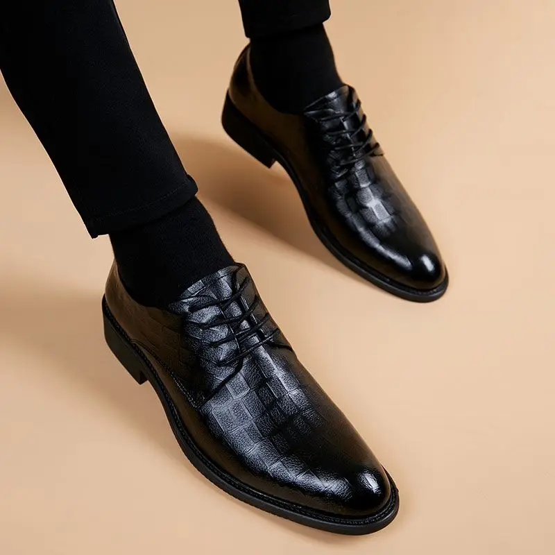 

Lace Up Elevator Leather Shoes for Men Korean Style Pointed Toe Wedding Formal Shoes Business Casual Versatile Men's Footwear