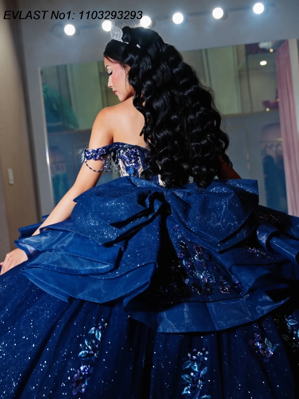 EVLAST Suknia Balowa Quinceanera 2026 w Kolorze Granatowym z Aplikacjami Brokatowymi i Koralikami, Warstwowa Sukienka Sweet 16 Vestidos De 15 Anos E1QN163