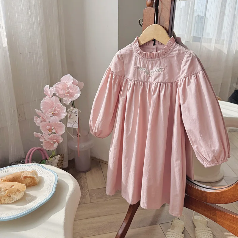 

French-style Floral Embroidered Girl's Dress2025Autumn Puff Sleeve Sweet Princess Dress Stand Collar Long Sleeve Children's Dres