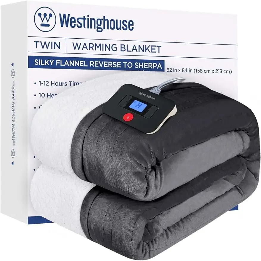 Westinghouse Electric Blanket Heated Blanket | 10 Heating Levels&1 to 12 Hours Heating Time Settings|Flannel to Sherpa Reversibl